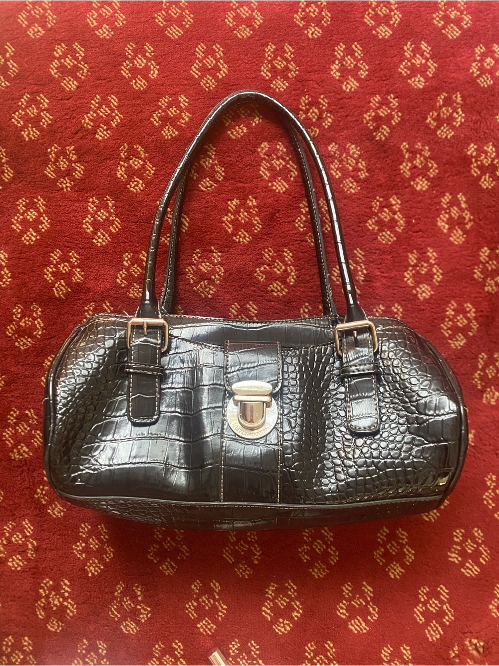 Black Croc-Embossed Shoulder Bag with Silver Hardware